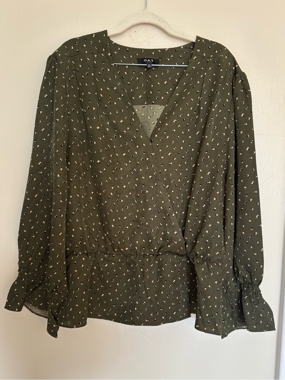 Oat New York Olive Cream/Black Dot Print Cinched Waist Peplum Blouse